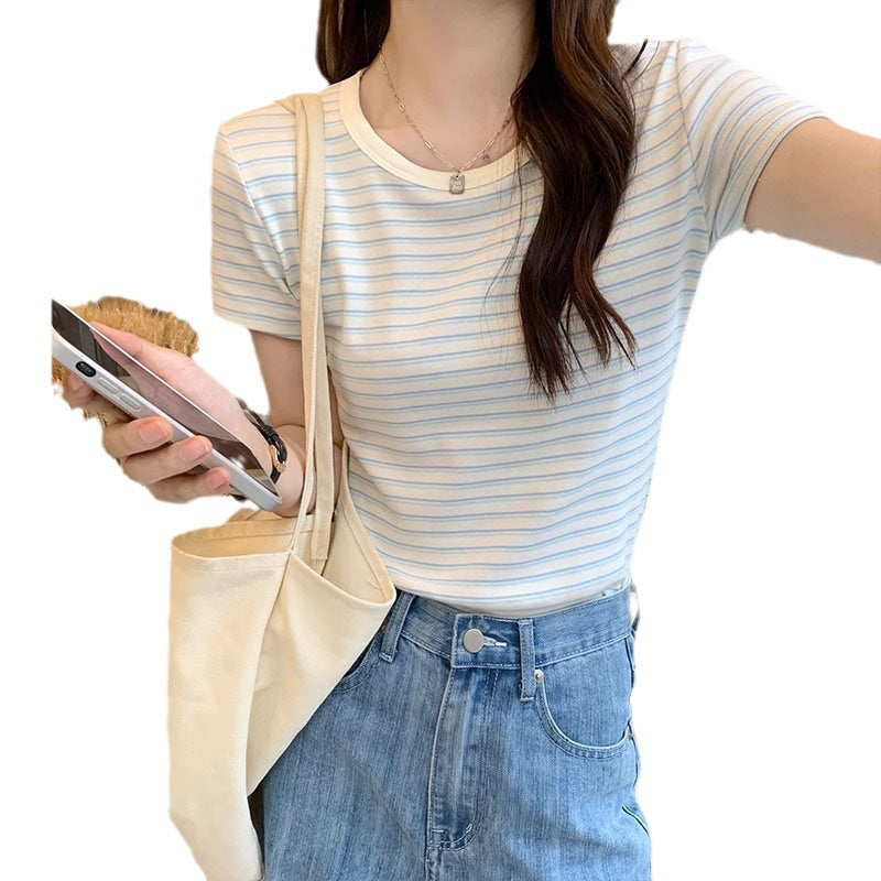 Striped short sleeve t-shirt women's summer niche design stitching contrasting babes pure lust front shoulders tight small tops