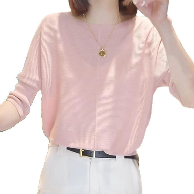 Spring and summer temperament, thin knitted shirt, women's plus-size, foreign solid color, loose crew neck, textured three-quarter sleeve base shirt