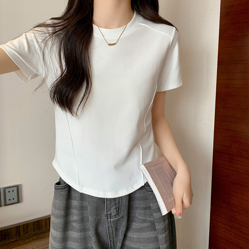 Round neck solid color versatile top, women's new summer design, short fishbone waist, slimming hot girl short-sleeved T-shirt
