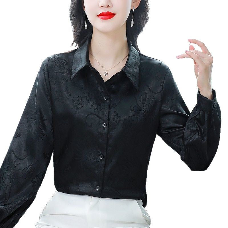 2025 New Shirt Spring and Autumn Jacquard Satin Solid Color Shirt Fashionable and Versatile Temperament Thin Women's Top