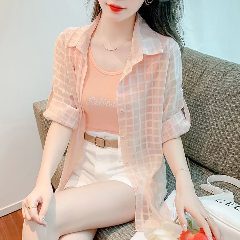 2025 summer new slightly transparent shirt sun protection jacket jacket loose fashion back slit plaid sunscreen shirt for women