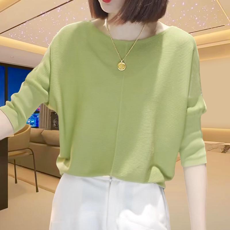 Spring and summer temperament, thin knitted shirt, women's plus-size, foreign solid color, loose crew neck, textured three-quarter sleeve base shirt