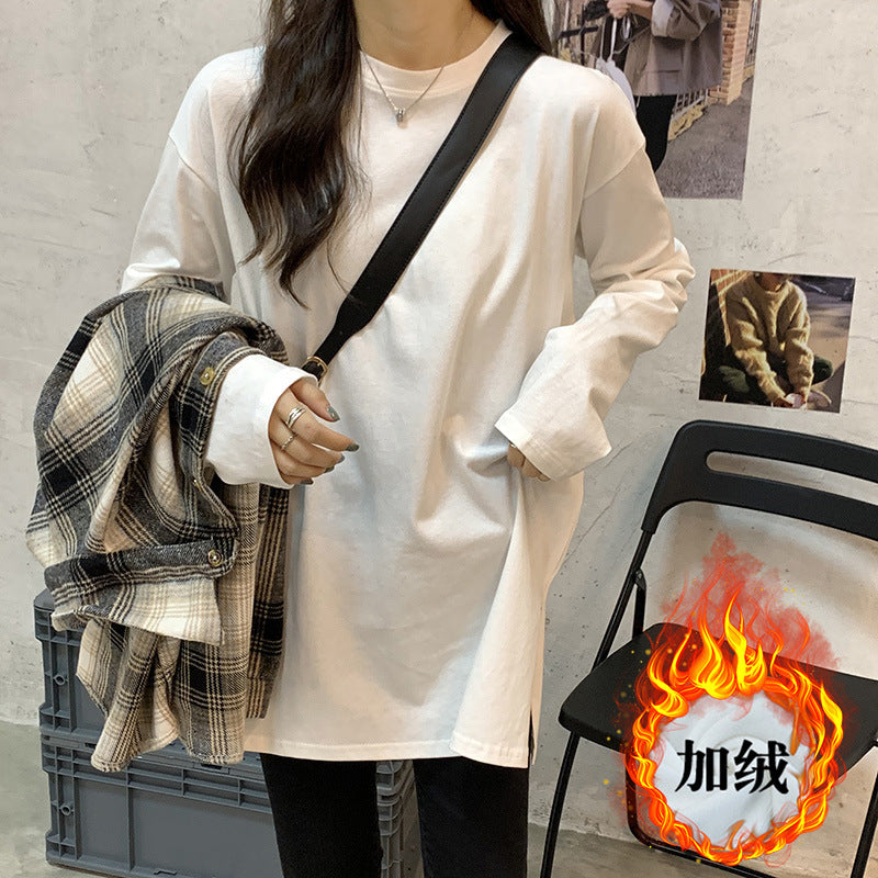 Wholesale white long sleeve t-shirt women's loose inner layered sweatshirt mid-length fleece top spring and autumn base shirt