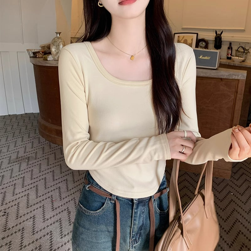 Square neck shoulder base shirt women's T-shirt 2025 autumn and winter velvet thickened curved hem waist long sleeve inner top with top