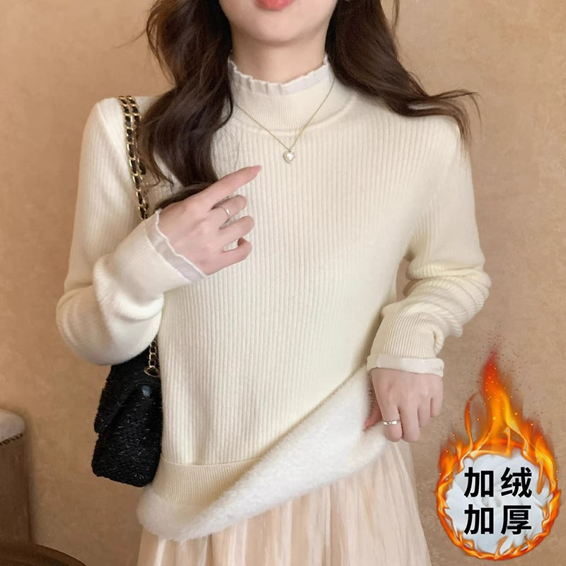 White semi-turtleneck lace base shirt women's winter 2025 new one-piece fleece warm sweater with knitted top underneath
