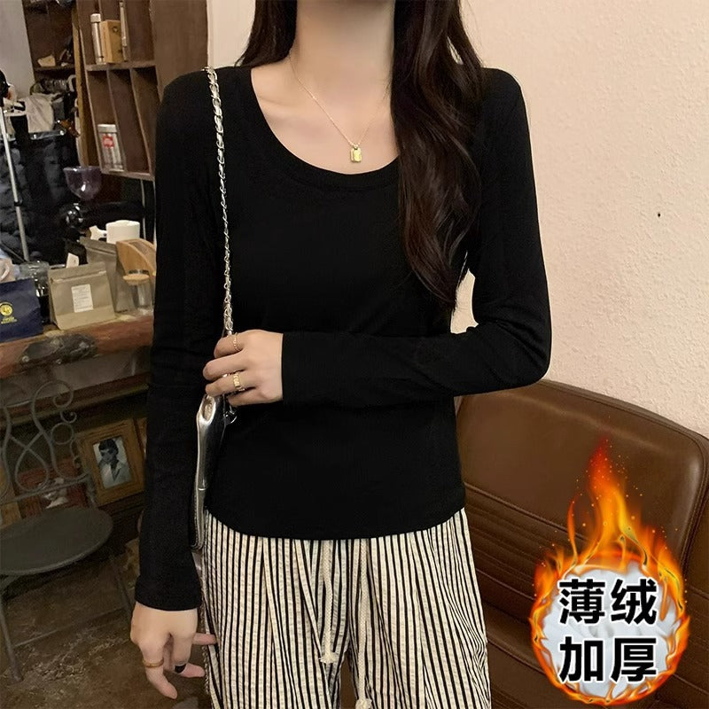 Black slim slim long-sleeved base shirt T-shirt women's autumn and winter new pure desire hot girl big neckline open collarbone top