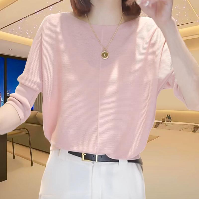 Spring and summer temperament, thin knitted shirt, women's plus-size, foreign solid color, loose crew neck, textured three-quarter sleeve base shirt