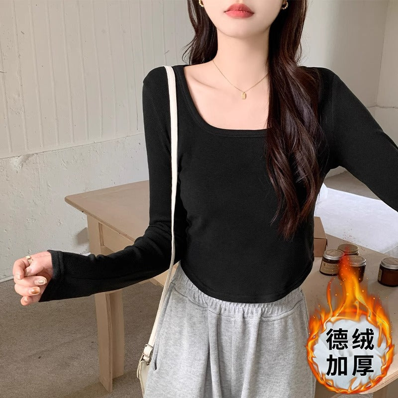 Square neck shoulder base shirt women's T-shirt 2025 autumn and winter velvet thickened curved hem waist long sleeve inner top with top
