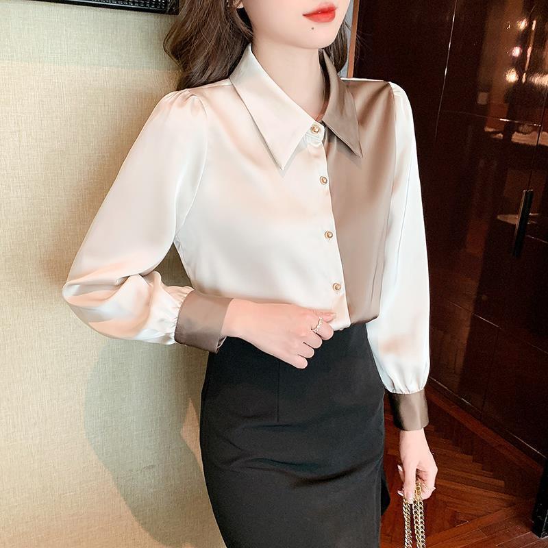 2024 Spring Wear New Satin Shirt Women's Long Sleeve Color Blocking Fashion Temperament Foreign Shirt Women's Top Design Sense