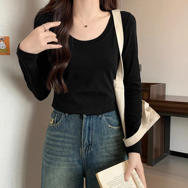 Black slim slim long-sleeved base shirt T-shirt women's autumn and winter new pure desire hot girl big neckline open collarbone top