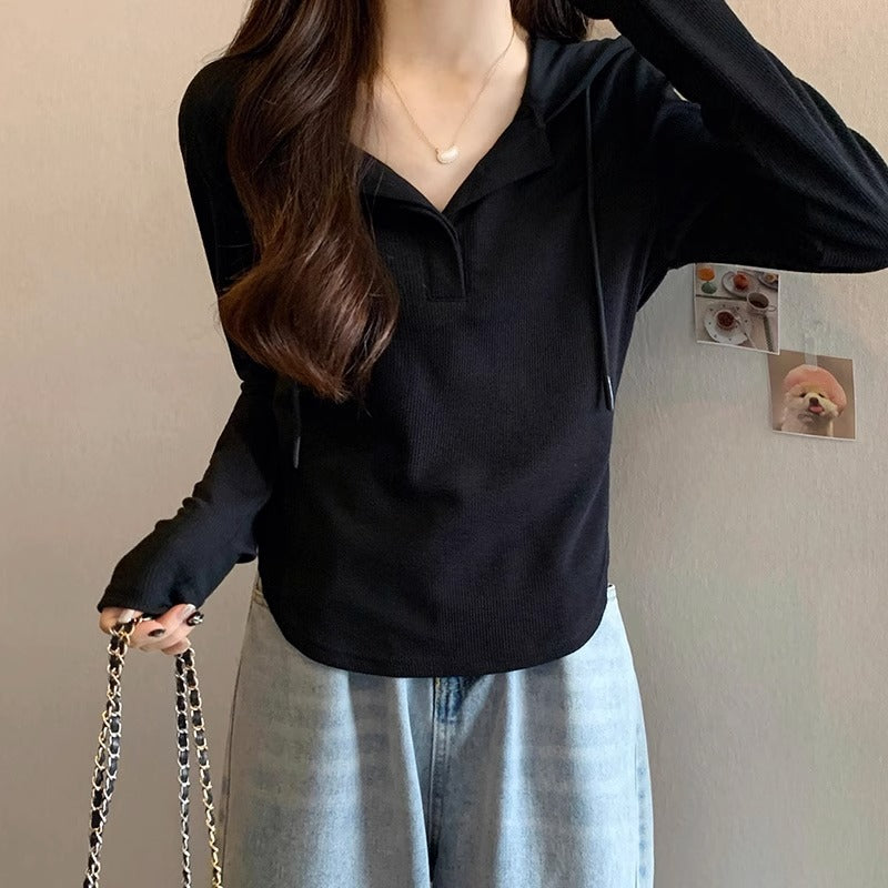 Pure Lust Hot Girl Tight T-shirt Women's Long Sleeve Autumn and Winter New Hooded Shoulders Waist Slim Undershirt Wear Top