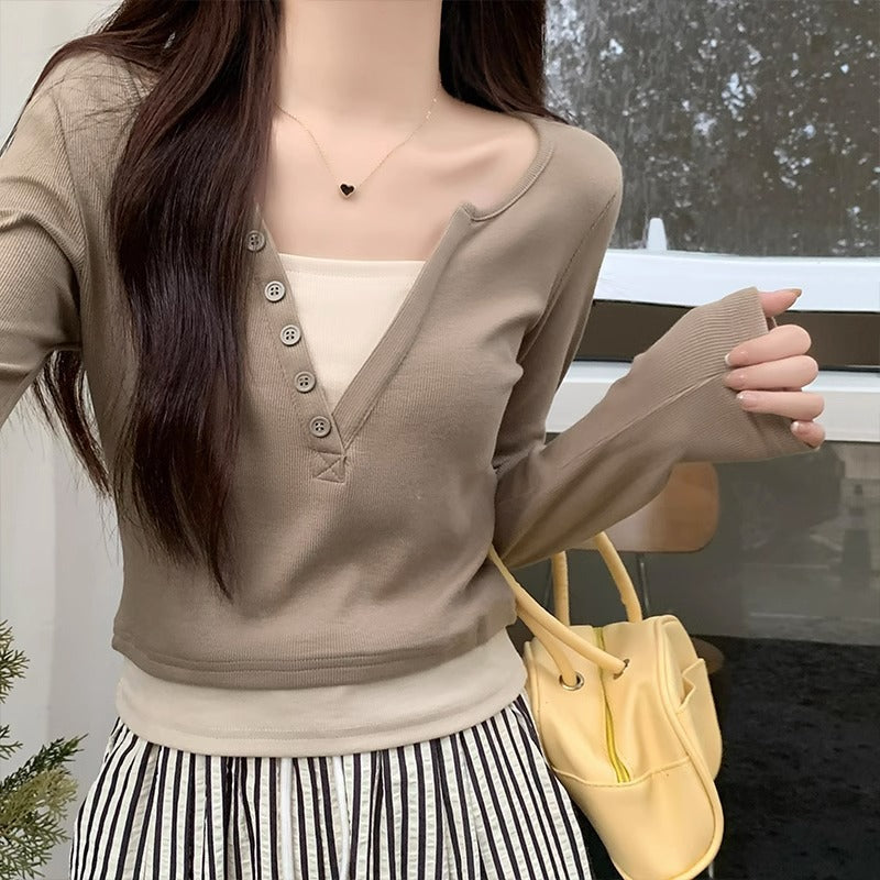 Hot girl style straight shoulder long sleeve T-shirt women's early autumn design sense splicing fake two slim V-neck contrasting colors and versatile clothes