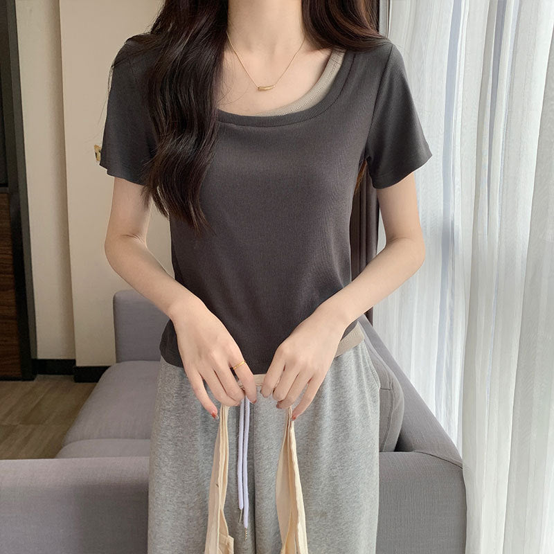 Square neck short-sleeved T-shirt women's new summer front shoulder niche short short-sleeved color-blocking slimming slim design top