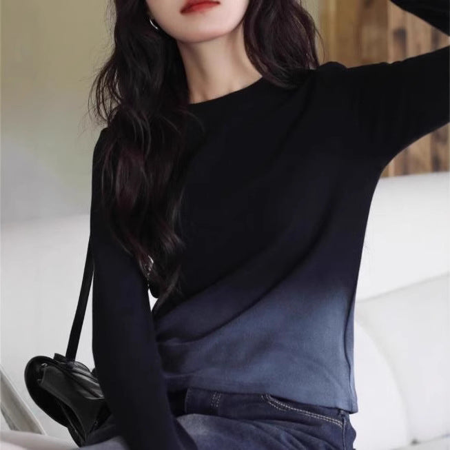 Sweet and cool long-sleeved T-shirt women's gradient shoulder new slim slimming pre-autumn design niche inner base shirt
