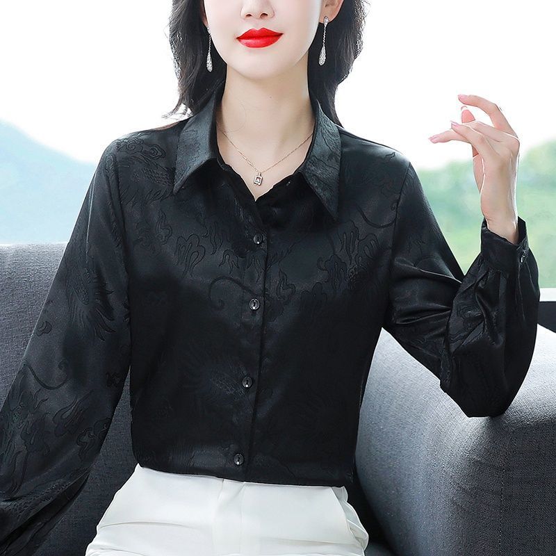 2025 New Shirt Spring and Autumn Jacquard Satin Solid Color Shirt Fashionable and Versatile Temperament Thin Women's Top