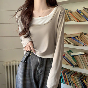 Stitched contrasting long-sleeved T-shirt women's new summer design crew neck short stretch slimming foreign style age-reducing top