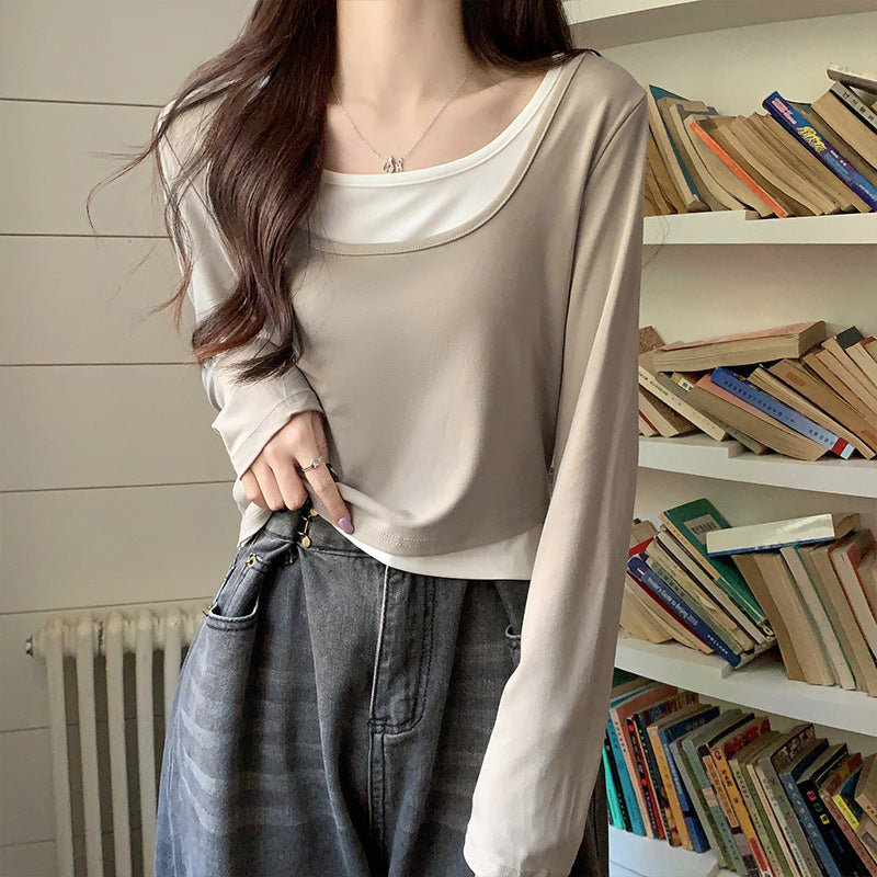 Stitched contrasting long-sleeved T-shirt women's new summer design crew neck short stretch slimming foreign style age-reducing top