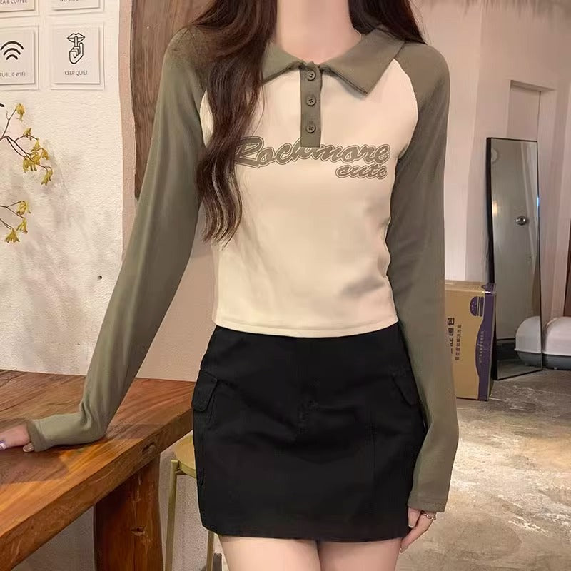 Green splicing contrasting polo lapel long-sleeved T-shirt women's autumn and winter new slimming slimming and age-reducing base clothes