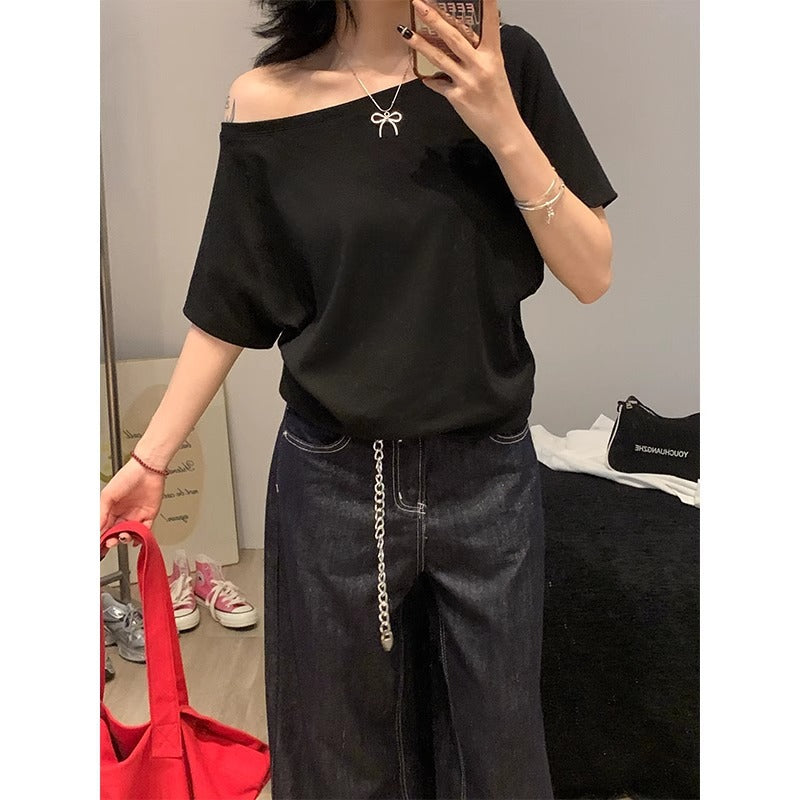 White solid color slanted shoulders and off-the-shoulder short sleeve T-shirt women's 2025 summer new one-shoulder loose shoulder covering thin top