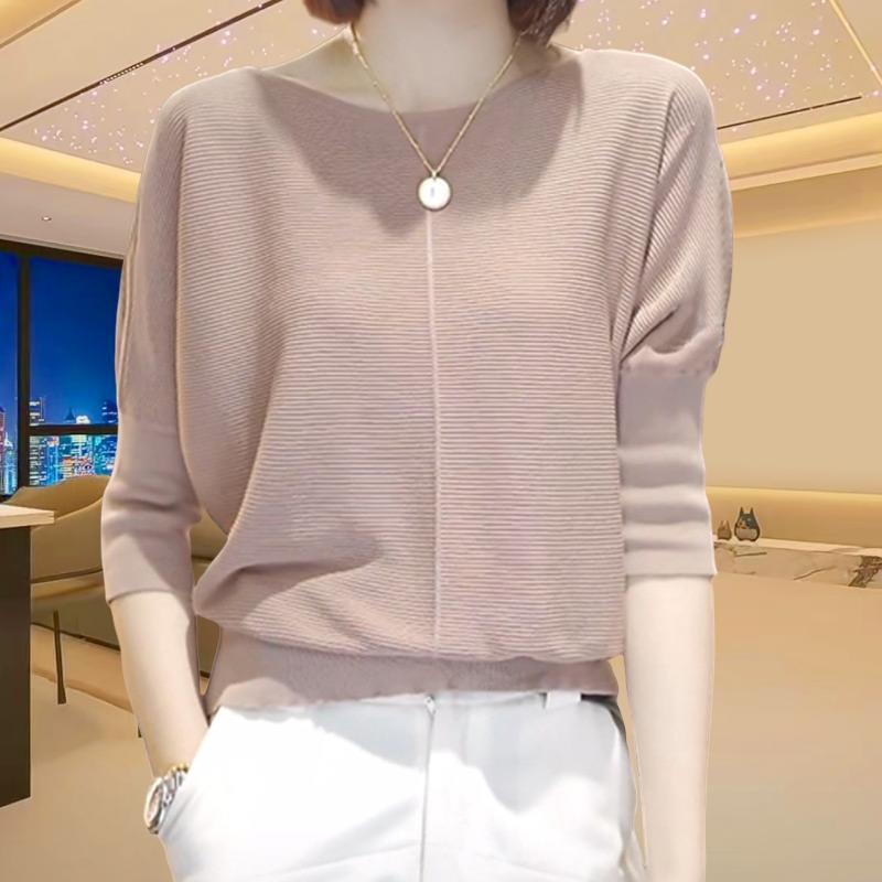 Spring and summer temperament, thin knitted shirt, women's plus-size, foreign solid color, loose crew neck, textured three-quarter sleeve base shirt