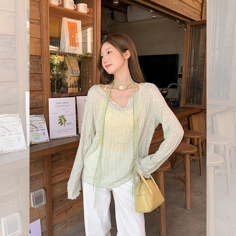 Summer slightly transparent V-neck fungus edge loose sunscreen smock, ice silk thin summer long sleeve T-shirt, women's lazy top