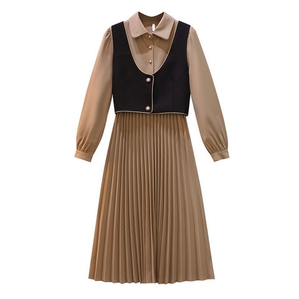2024 Autumn New Western-style Two-Piece Women's Waist Slimming Mid-Length Shirt Dress Fashion Color-blocking Korean Vest