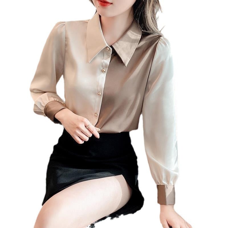 2024 Spring Wear New Satin Shirt Women's Long Sleeve Color Blocking Fashion Temperament Foreign Shirt Women's Top Design Sense