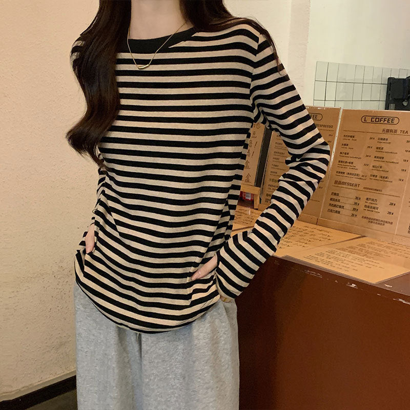 Wholesale design sense cuff crew neck long sleeve T-shirt women's spring and autumn new stripe contrast slimming versatile base shirt