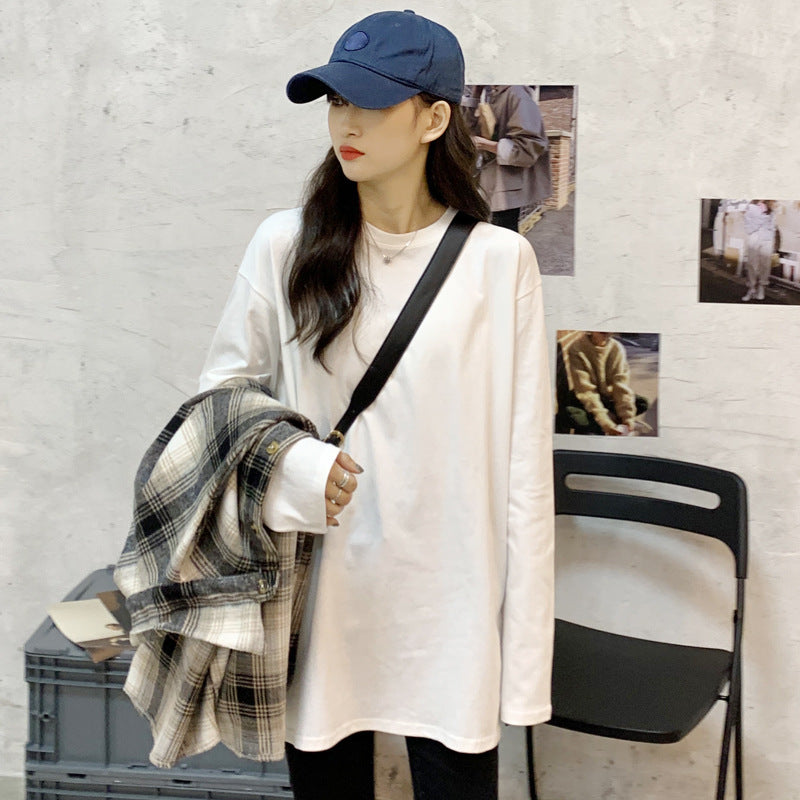 Wholesale white long sleeve t-shirt women's loose inner layered sweatshirt mid-length fleece top spring and autumn base shirt
