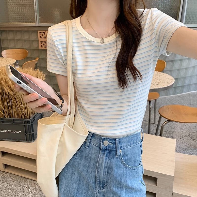 Striped short sleeve t-shirt women's summer niche design stitching contrasting babes pure lust front shoulders tight small tops