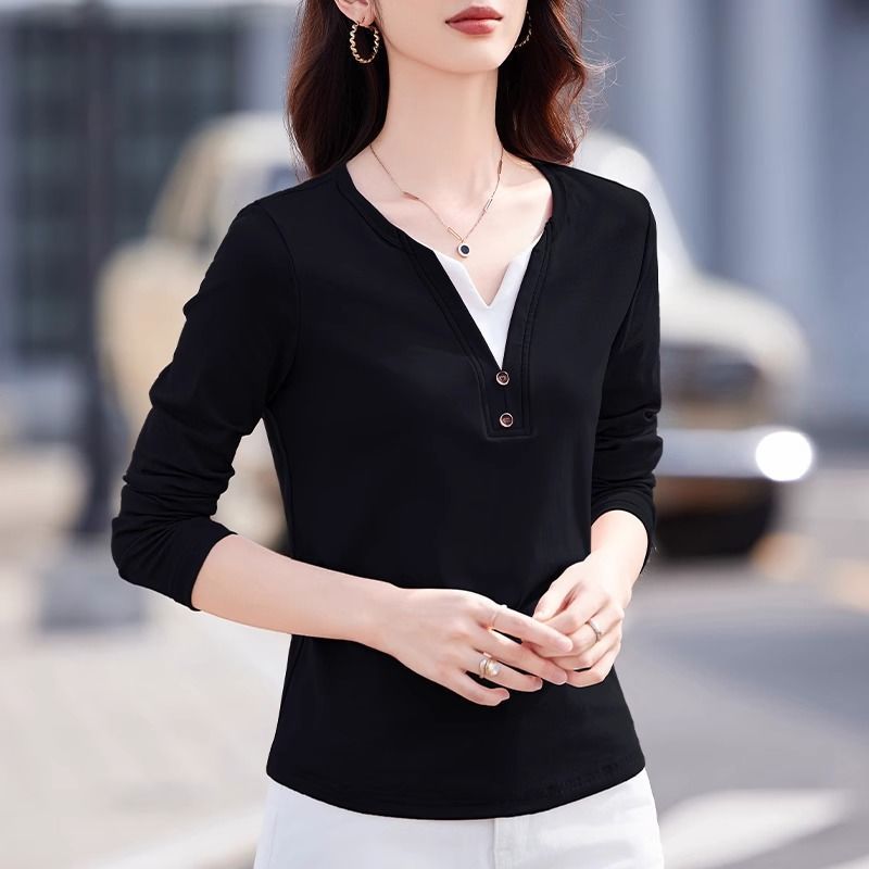 Shoulder long sleeve color-blocked V-neck T-shirt women's 2025 spring wear new design buttons waist slimming top base shirt