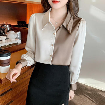 2024 Spring Wear New Satin Shirt Women's Long Sleeve Color Blocking Fashion Temperament Foreign Shirt Women's Top Design Sense