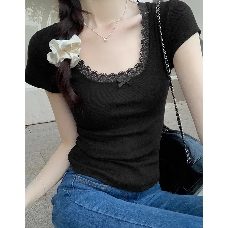 White pure desire sweet lace slim slimming short sleeve T-shirt women's summer new front shoulder short inner top ins