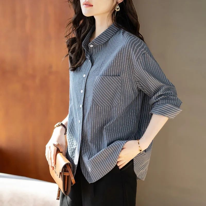 Striped shirt women's 2025 spring and autumn new Han Fan long-sleeved shirt jacket is versatile, slimming lapels, base shirt top