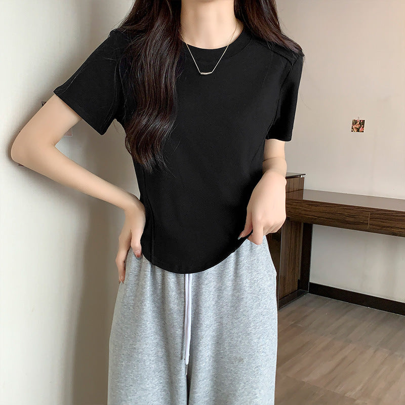 Round neck solid color versatile top, women's new summer design, short fishbone waist, slimming hot girl short-sleeved T-shirt