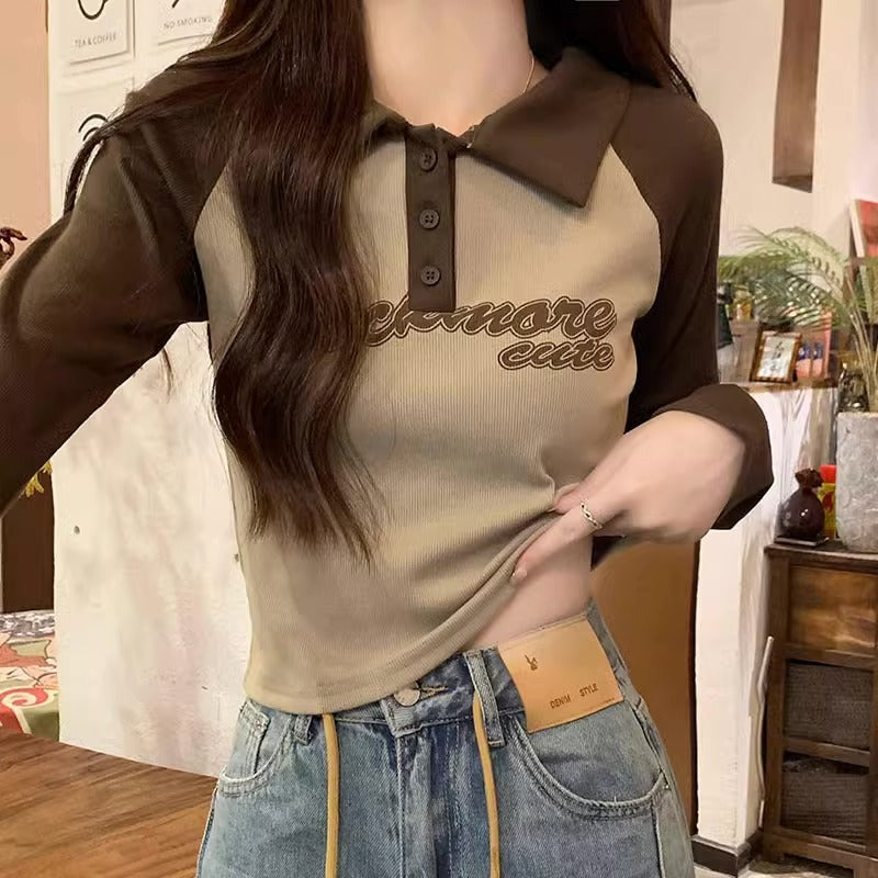 Retro polo collar long-sleeved T-shirt women's autumn and winter new stitching contrasting letter print slim fit bottom top underneath