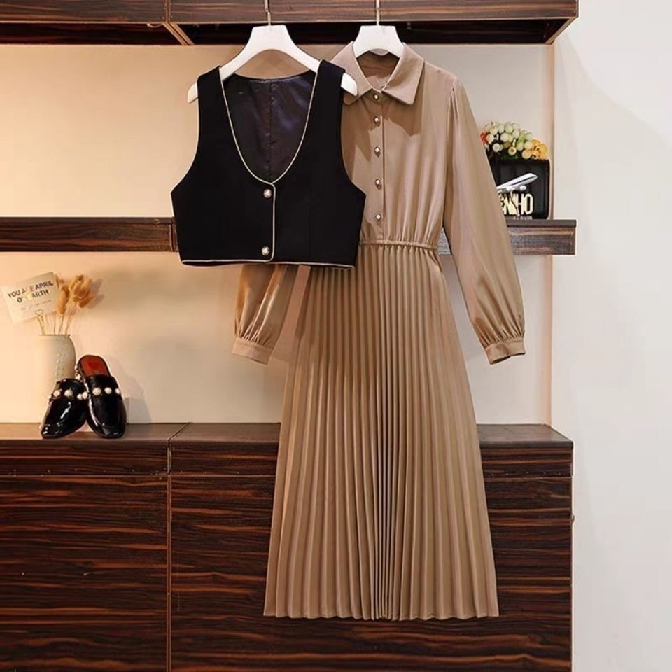 2024 Autumn New Western-style Two-Piece Women's Waist Slimming Mid-Length Shirt Dress Fashion Color-blocking Korean Vest