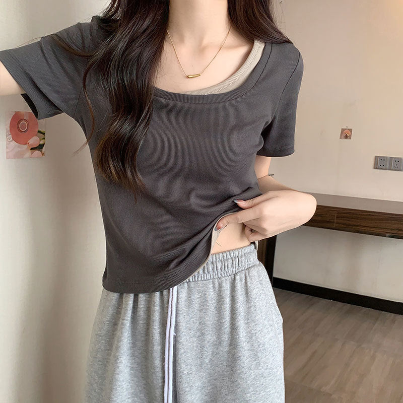 Square neck short-sleeved T-shirt women's new summer front shoulder niche short short-sleeved color-blocking slimming slim design top