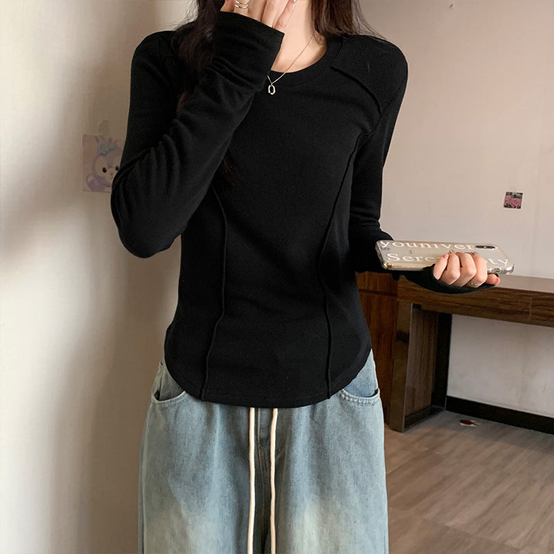 White long-sleeved base shirt for women in autumn and winter with a short herringbone top, a slim fit and brushed T-shirt