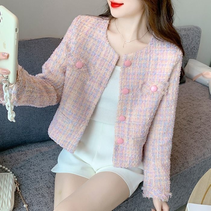 Xiao Xiangfeng النسخة الكورية القصيرة من قمم البوتيك النسائية في الربيع والخريف سترة فرنسية رفيعة جديدة بأكمام طويلة من المشاهير الراقية