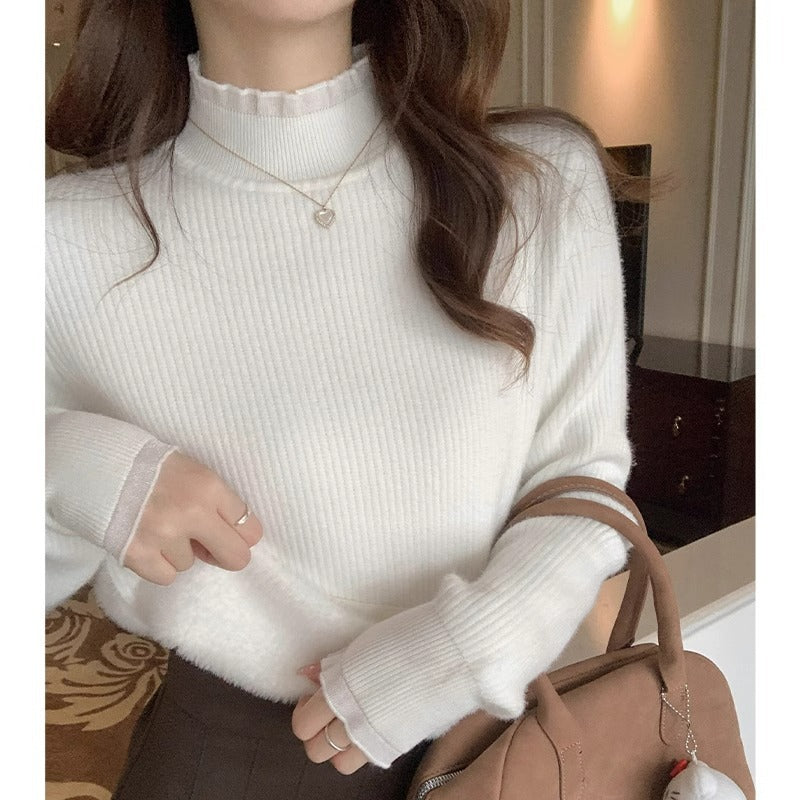 White semi-turtleneck lace base shirt women's winter 2025 new one-piece fleece warm sweater with knitted top underneath