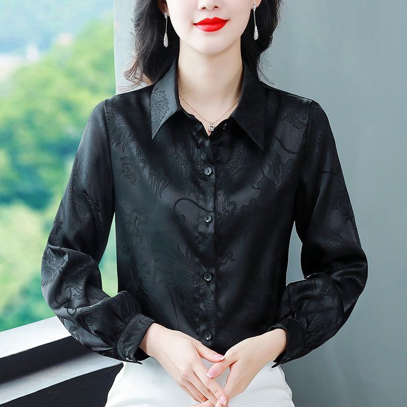 2025 New Shirt Spring and Autumn Jacquard Satin Solid Color Shirt Fashionable and Versatile Temperament Thin Women's Top
