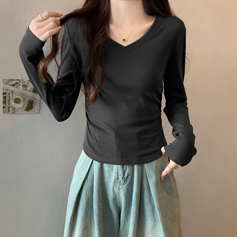 Niche design long-sleeved trendy brand waist V-neck T-shirt women's spring and autumn slim irregular hem hot girl short top