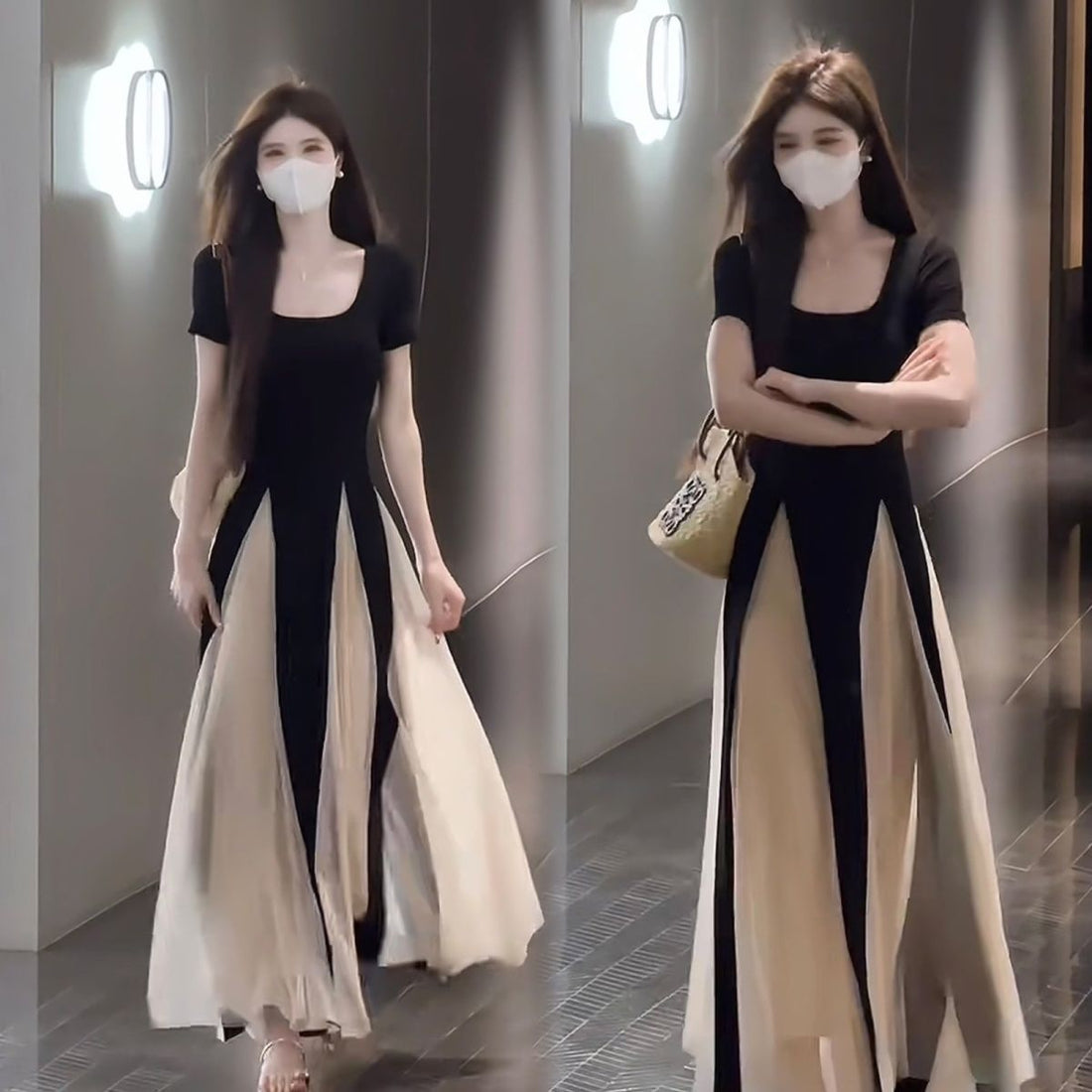 فستان نسائي مقاس كبير بخياطة متباينة وتصميم سمين مم وفتحة رقبة مربعة ومزاج صيفي نسائي تنورة طويلة رقيقة تغطي الجسد