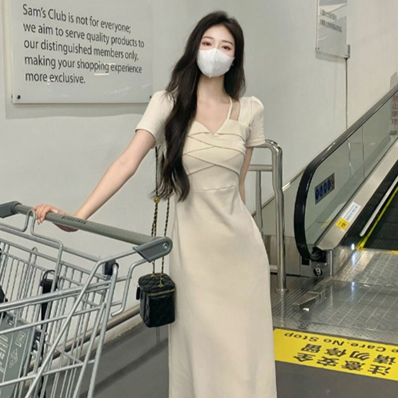 2025 French halterneck drape dress women's new summer slightly chubby mm waist slimming and fleshy temperament long skirt
