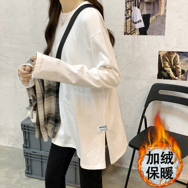 Wholesale white long sleeve t-shirt women's loose inner layered sweatshirt mid-length fleece top spring and autumn base shirt