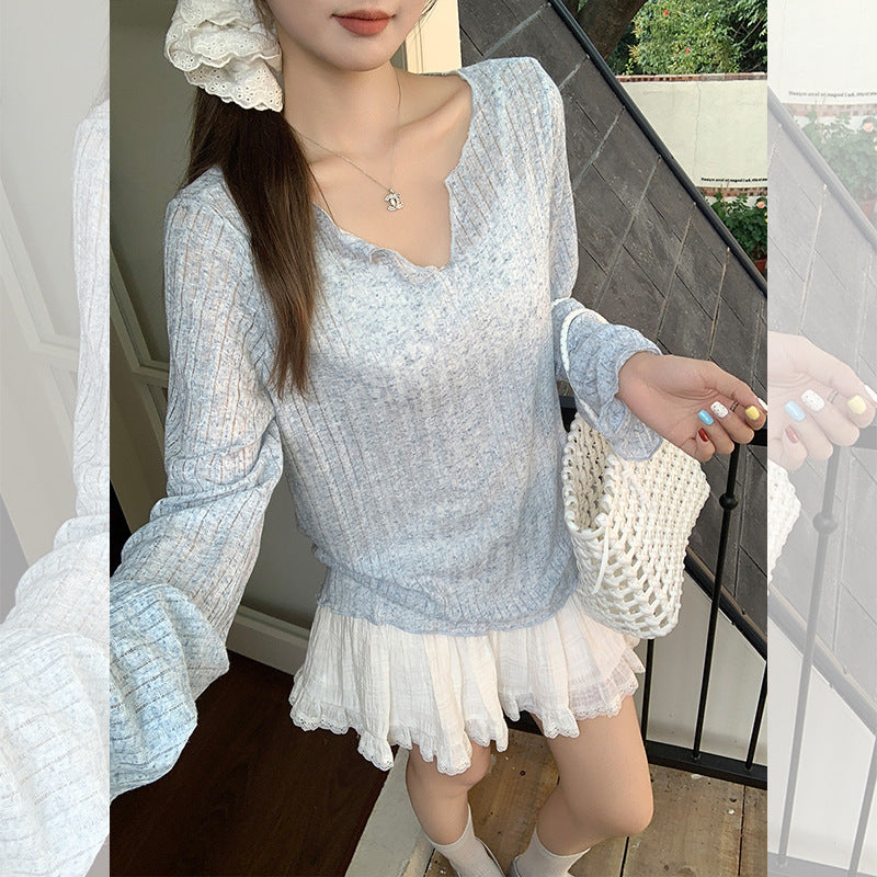 Summer slightly transparent V-neck fungus edge loose sunscreen smock, ice silk thin summer long sleeve T-shirt, women's lazy top