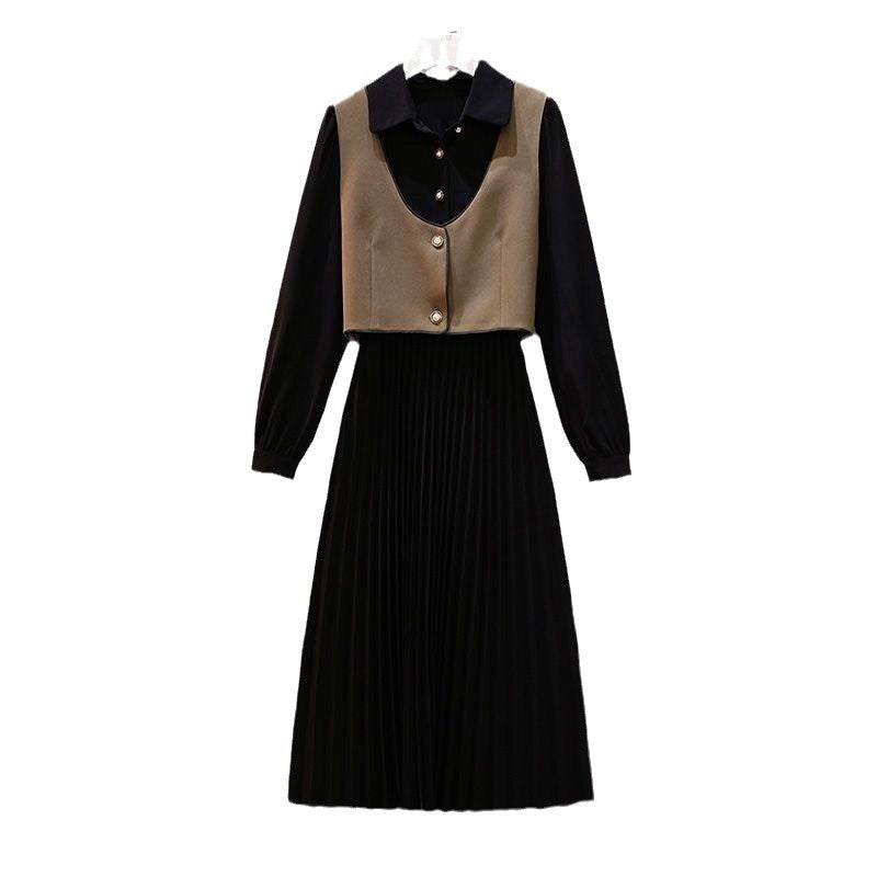 2024 Autumn New Western-style Two-Piece Women's Waist Slimming Mid-Length Shirt Dress Fashion Color-blocking Korean Vest