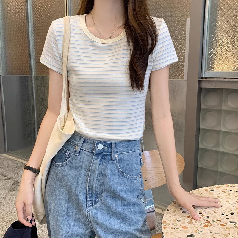 Striped short sleeve t-shirt women's summer niche design stitching contrasting babes pure lust front shoulders tight small tops