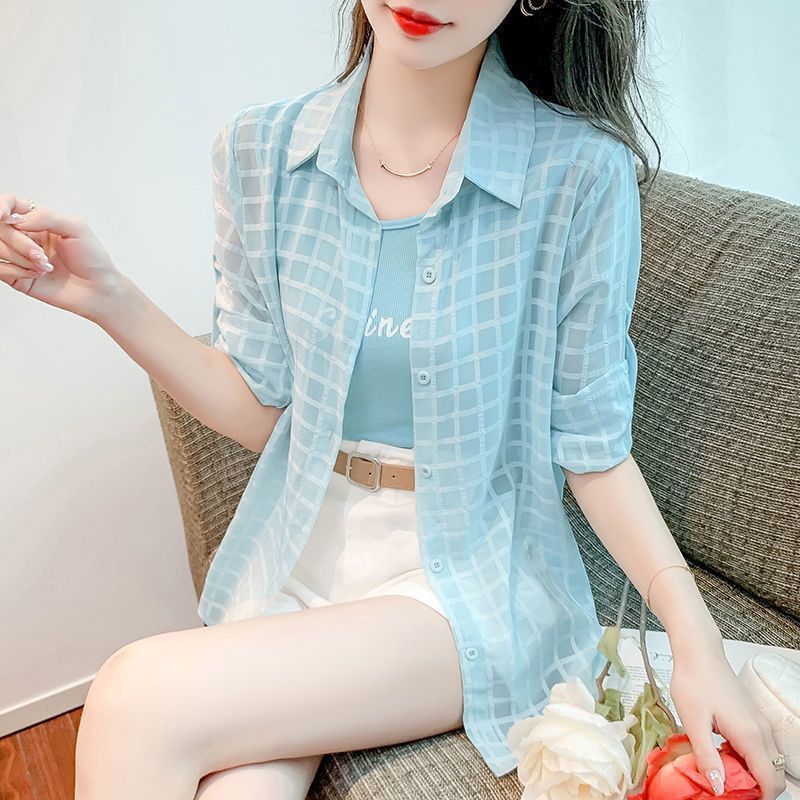 2025 summer new slightly transparent shirt sun protection jacket jacket loose fashion back slit plaid sunscreen shirt for women